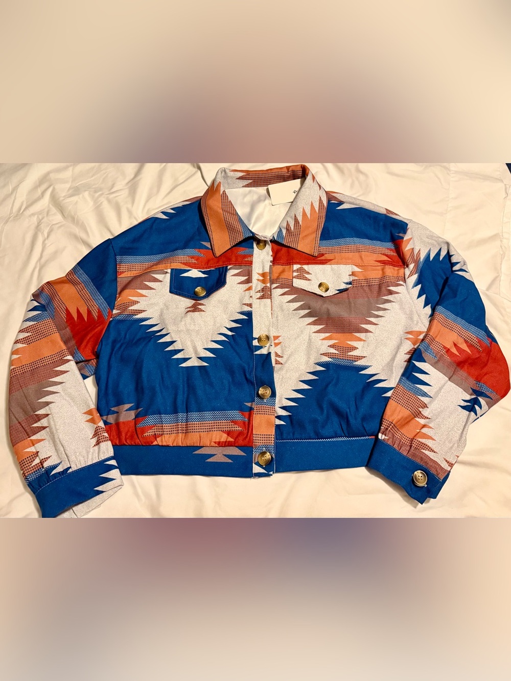 Women's Blue & Orange Geometric Print Cropped Jacket
